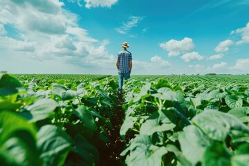 Wall Mural - Agronomist inspecting soybean crops in farm field for production.