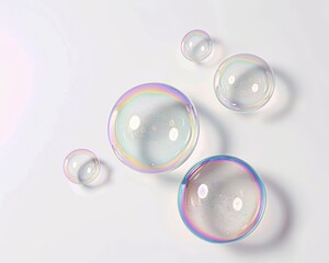 Poster - Water foam bubbles with rainbow colors on white background. Realistic iridescent ball. Soap transparent balloon.