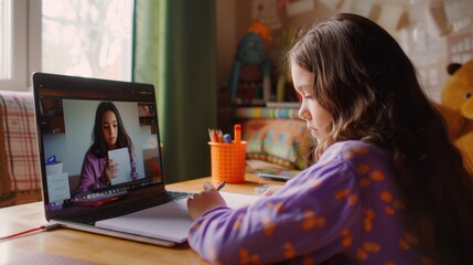 Canvas Print - The Girl Writing During Online Class