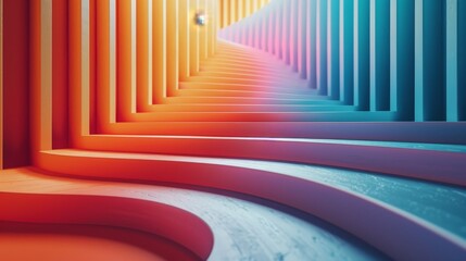 Wall Mural - A long, colorful hallway with a spiral staircase in the middle