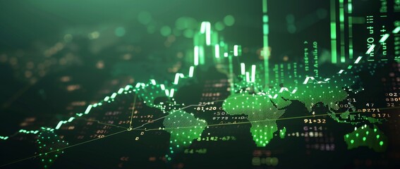 Poster - The rising arrows, map, and forex chart are displayed on a wide, dark background. The theme is global trends, trading and finance. Mock-up, up. 3D rendering.