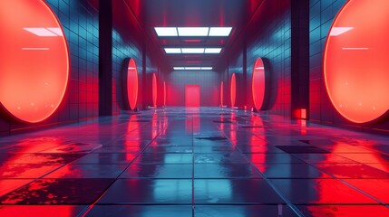 Wall Mural - A futuristic, neon-lit room with red walls and blue lights