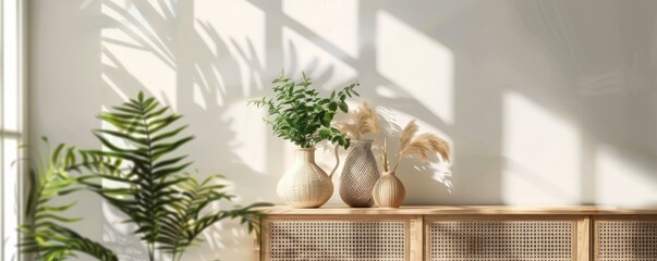 Wall Mural - Plant and vase on an antique wooden cabinet in a naturally lit minimalist interior, highlighting elegant simplicity. Free copy space for banner.