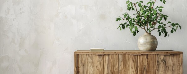 Wall Mural - Plant and vase on an antique wooden cabinet in a naturally lit minimalist interior, highlighting elegant simplicity. Free copy space for banner.