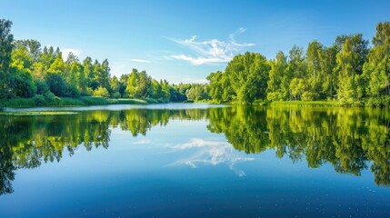 Wall Mural - A serene and tranquil nature background with a shimmering lake reflecting the surrounding trees and clear blue sky , serene