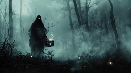 Wall Mural - A shadowy figure holding a gift box, from which haunted smoke rises, in a dark forest with mist and eerie glowing eyes