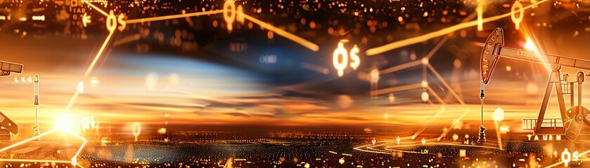 Poster - Futuristic cityscape at sunset with glowing digital data lines and network connections representing technology and communication.