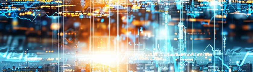 Poster - Futuristic digital interface with data analysis, graphs, and charts. Vibrant colors and dynamic lines representing technology and information flow.