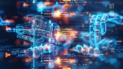 Poster - Futuristic digital interface featuring robotic arms and coding elements, representing advanced automation and technology concepts.