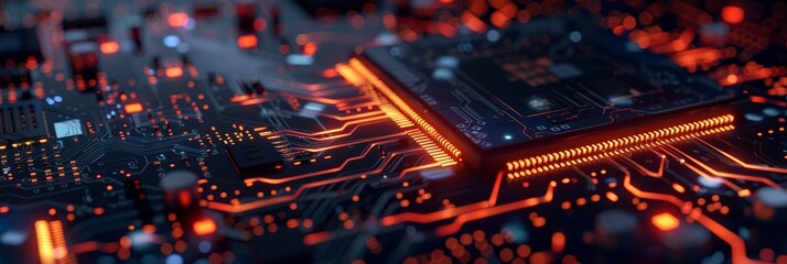 Poster - A detailed closeup image of an electronic circuit board highlighting the intricate patterns and glowing elements, representing advanced technology and precision engineering.