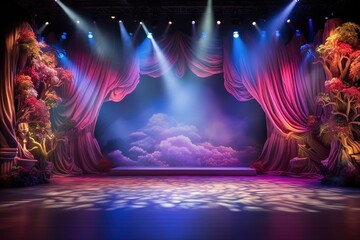 Wall Mural - The stage of the theater illuminated by spotlights and smoke from the auditorium