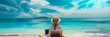 © Daniel - Freelance travel and holidays business woman in freelancer with laptop working over blue sea beach. 