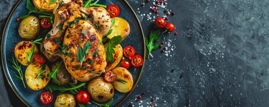 Roasted baked chicken with potatoes and herbs on a dark plate, an appetizing and rustic gourmet meal. Free copy space for banner.