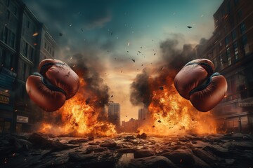 Hands of two men with blue and red boxing gloves over a dark smoke background