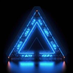 Abstract picture of beautiful geometric shape portal with digital style neon light reflecting set along city view background, create futuristic visual ideal for design science fiction cover. AIG35.