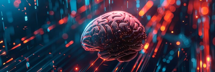 Poster - an abstract and futuristic image showcasing a digital brain with intricate connections and data link