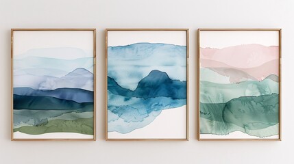 Poster - Three minimalistic abstract art posters with watercolor designs, arranged horizontally on a white wall. The posters highlight gentle washes of blue, green, and pink, blending seamlessly to form a