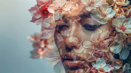 Wall Mural - A woman's face is shown in a flowery pattern. Concept of beauty and femininity, as well as the idea of growth and transformation