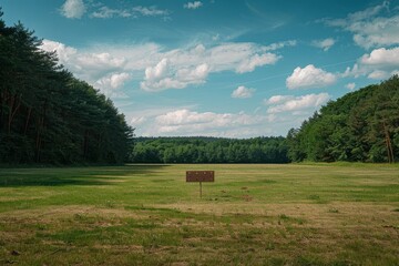 An isolated bench positioned in a vast grassy meadow with dense forest surroundings under a partly cloudy sky, providing an inspiring and serene natural setting.