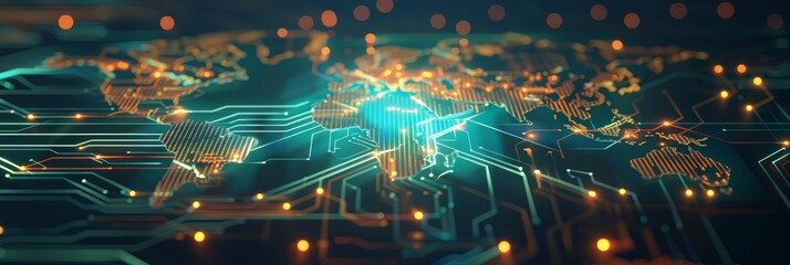 Poster - Global network map with glowing connections and circuits. - Image of a world map overlaid with digital circuits and glowing connections, representing global networking, technology, and interconnected 