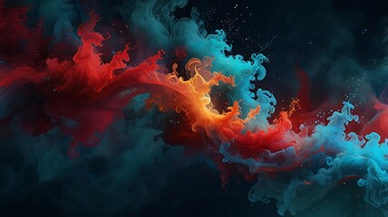 Wall Mural - A mesmerizing composition of swirling bule cyan red smoke adorned with sparkling glitter particles, creating an ethereal and luxurious abstract background.