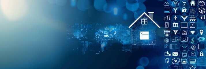 Poster - Connected world with smart home technology icons overlay - This image highlights a global connection concept with smart home technology icons overlaid, showcasing the future of interconnected devices 