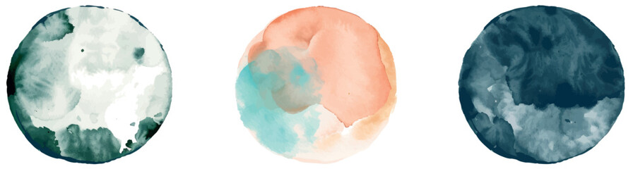 Poster - Watercolor circle shapes in green, pink, and grey on white background. Hand drawn modern color splashes.