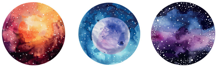 Poster - Set of watercolor round backgrounds featuring galaxies, stars, and a dark blue night sky. Aquarelle stains texturing.