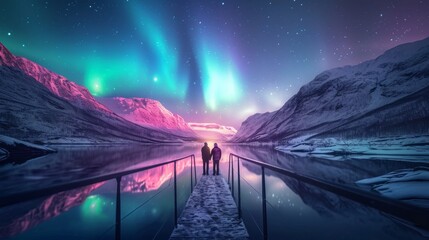 a person stands in pedestrian bridge with beautiful aurora northern lights in night sky in winter.