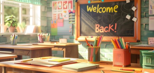 Wall Mural - Welcome Back to School stands out boldly in the center of the background, framed by a pure white backdrop. The sides are adorned with colorful decorative materials, adding a festive with rgb lights 