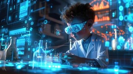Design a 3D animated scene of a child scientist deeply engaged in experimentation, surrounded by interactive floating digital HUD projections in a vividly detailed laboratory environment