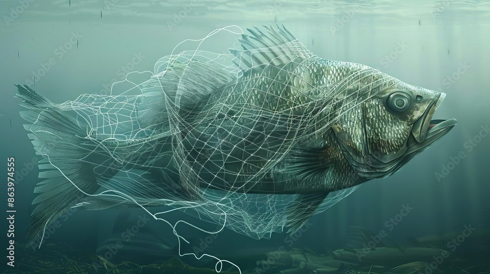 A giant fish trapped in a plastic net, depicting the dangers of ocean ...