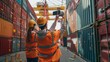 © Jeerawut - Two workers wearing safety vests and helmets taking photos in a shipping container yard, capturing industrial and logistics operations.