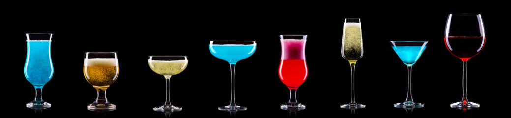 Poster - Set of different glasses for drinks and cocktails on black background