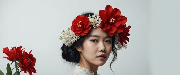 Sticker - asian woman with red flowers crown on plain white background for banner with copy space