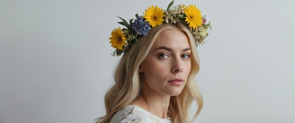 Wall Mural - blonde woman with flowers crown on plain white background for banner with copy space
