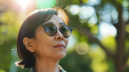 Wall Mural - A woman wearing sunglasses and looking at the camera. She has a serious expression on her face. The scene is outdoors, with trees in the background