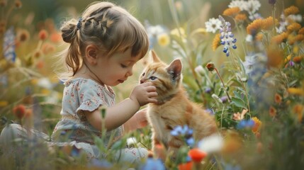 Wall Mural - Little child and baby cat in park with wild flowers