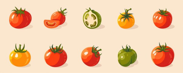 Wall Mural - A collection of flat vector icons of tomatoes in various styles, perfect for food-related designs and apps.