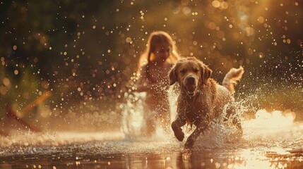 Wall Mural - Dog and kids play in water in outdoor park