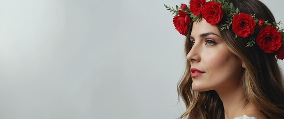 Wall Mural - pretty woman with red flowers crown on plain white background for banner with copy space