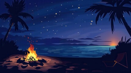 Poster - A warm bonfire glows on a beach at sunset, with palm trees adding to the tranquil atmosphere under the starry sky. Generative AI