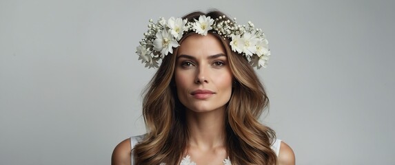 Sticker - pretty woman with white flowers crown on plain white background for banner with copy space