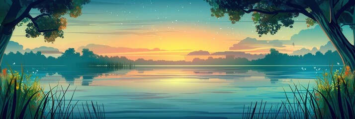 Aufkleber - A serene lake scene at sunset, with the sky reflected in the still water. The edges of the lake are lined with trees and reeds, creating a peaceful and natural setting. Generative AI