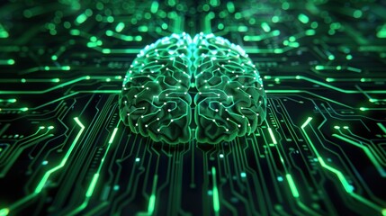 Wall Mural - Green brain with circuit board artificial intelligence concept. technology background.