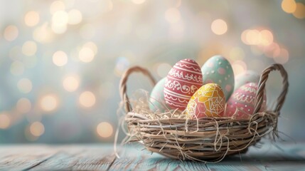 Wall Mural - a full basket of colorful easter eggs on wooden table