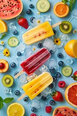 Wall Mural - Three delicious ice creams lying on blue background surrounded by fresh fruits