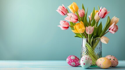Wall Mural - beautiful eastern eggs on table with flowers