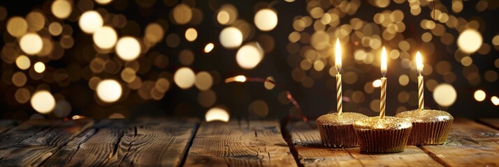 Wall Mural - A birthday invitation card featuring a gold border and a festive background. It is displayed on a rustic wooden table with three lit candles on cupcakes