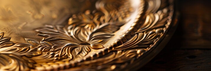 An extreme closeup photograph showcasing the intricate details of an antique gold frame, highlighting the elegant floral design